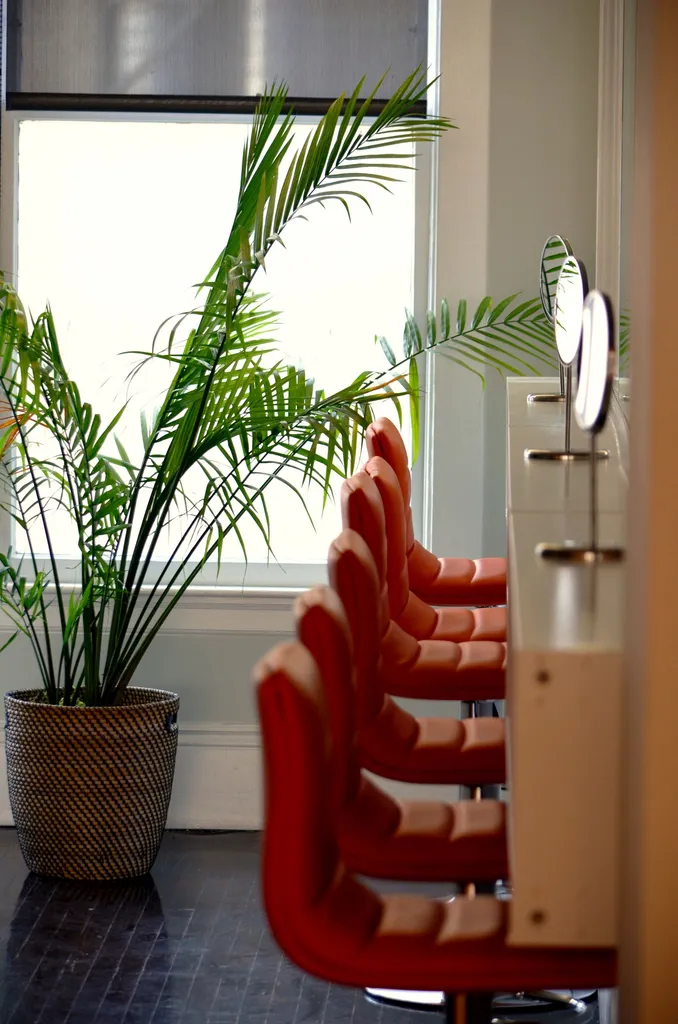 Styling chairs beside a bright salon window